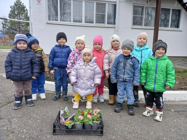 Посадка цветов на участке детского сада.